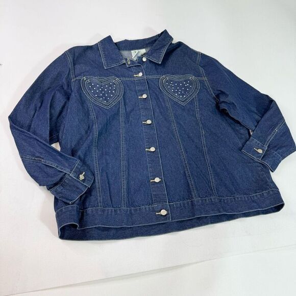 Quacker Factory Jean Jacket Womens 2x Blue Denim Heart Rhinestone Lightweight - Picture 1 of 7